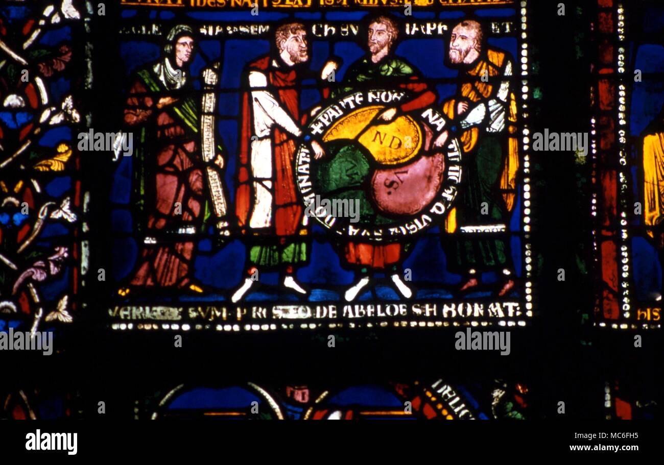 Pianeti terra rappresentazione schematica del Erth, diviso in tre continenti. Xv secolo il vetro macchiato nella chiesa di St Etienne, Mulhouse, Francia Foto Stock