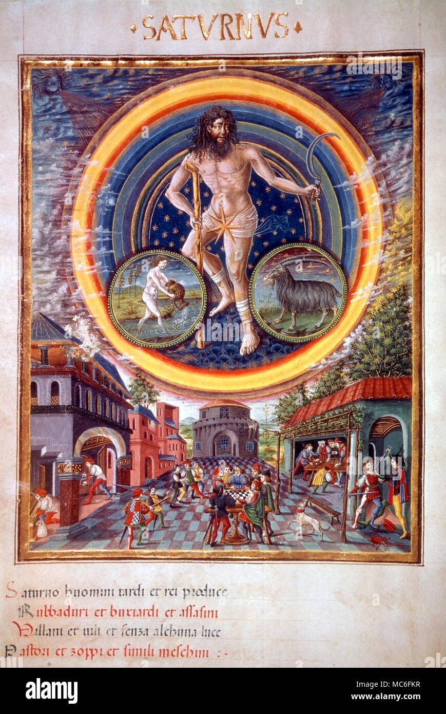 Pianeti - Saturno manoscritto medievale raffigurante il dio astrologica di Saturno, in mezzo ai suoi "figli" Biblioteca Etensa Foto Stock