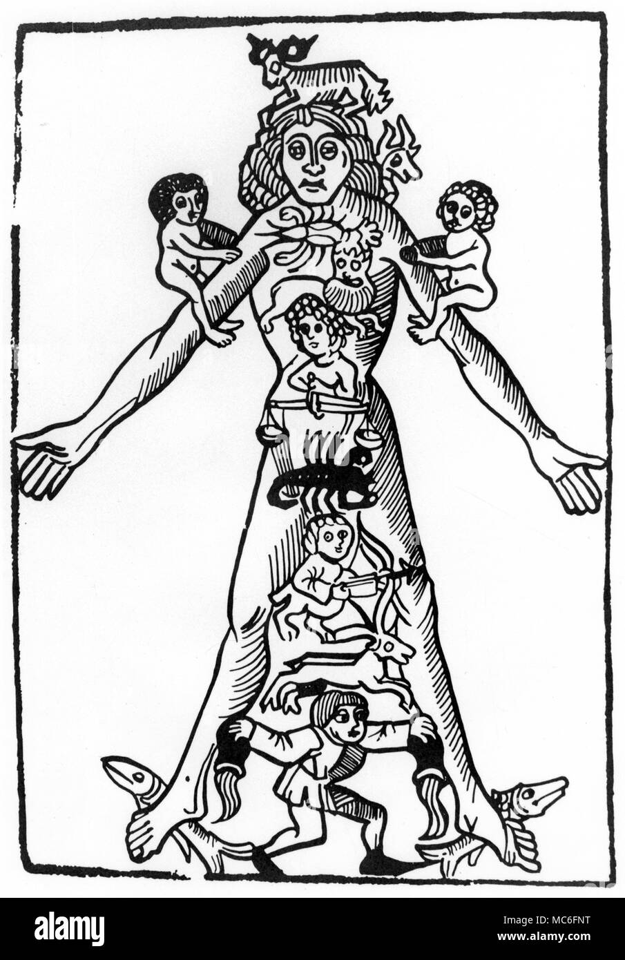 Uomo zodiacale, con ciascuno dei dodici segni attribuito alle parti esterne del corpo fisico - ad esempio la RAM di Aries è diretto verso la testa, per questo segno è la regola sui attuazione dell'uomo. Xv secolo la xilografia. Foto Stock