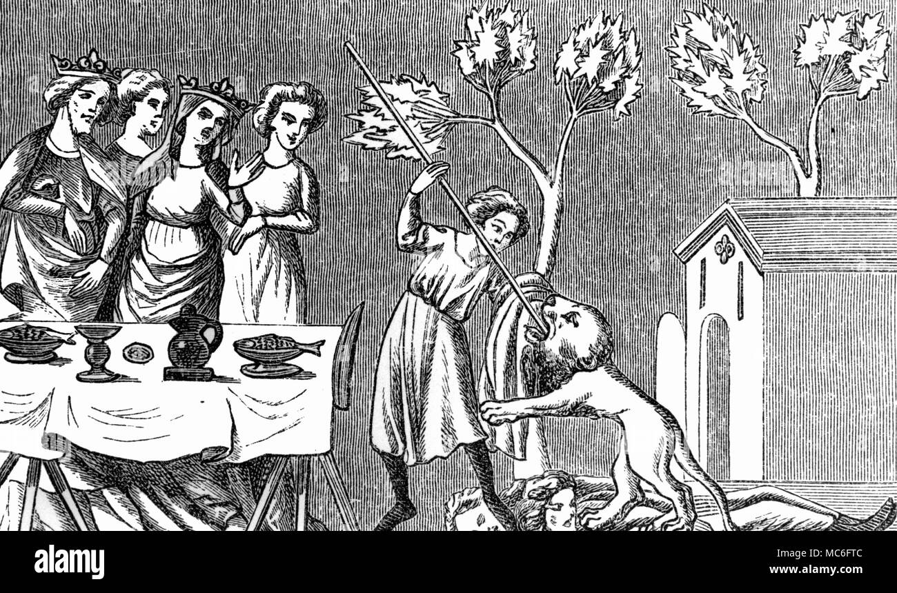 Lotta tra il cavaliere e il cane - 'facsimile di una miniatura nel romanticismo di 'Macaire' - XIII secolo. Il cane è stato accusato (la sua vittima ai suoi piedi) Foto Stock