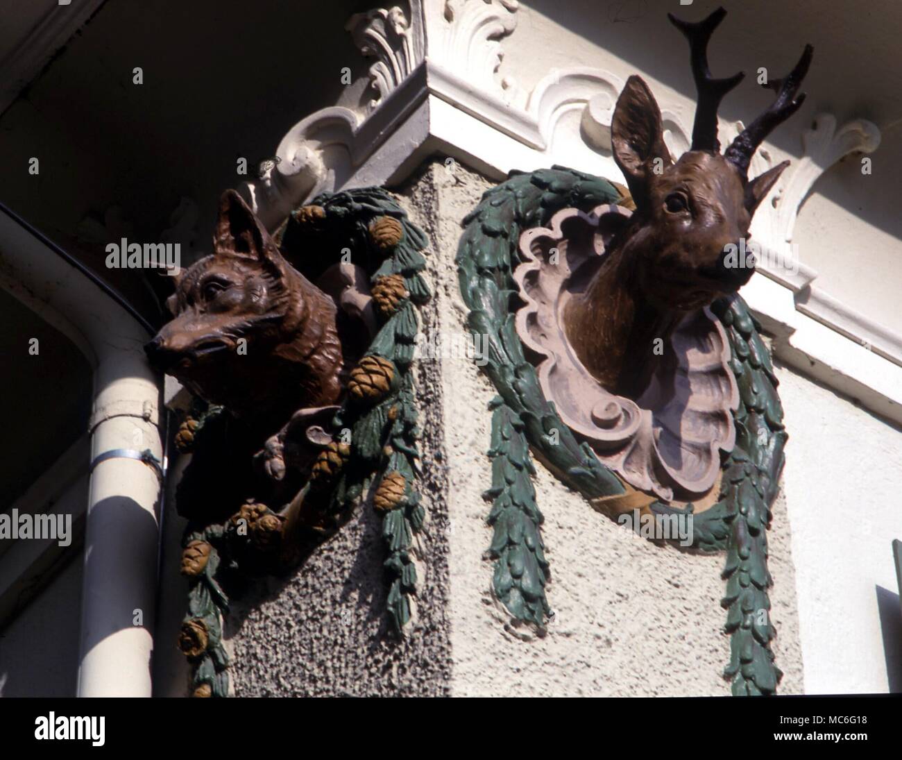 Testa di Fox, con feste di addio al celibato, angolo scolpito sulla caccia (Jagerhaus) hotel, a Hohenchwangau, Bavaria Foto Stock
