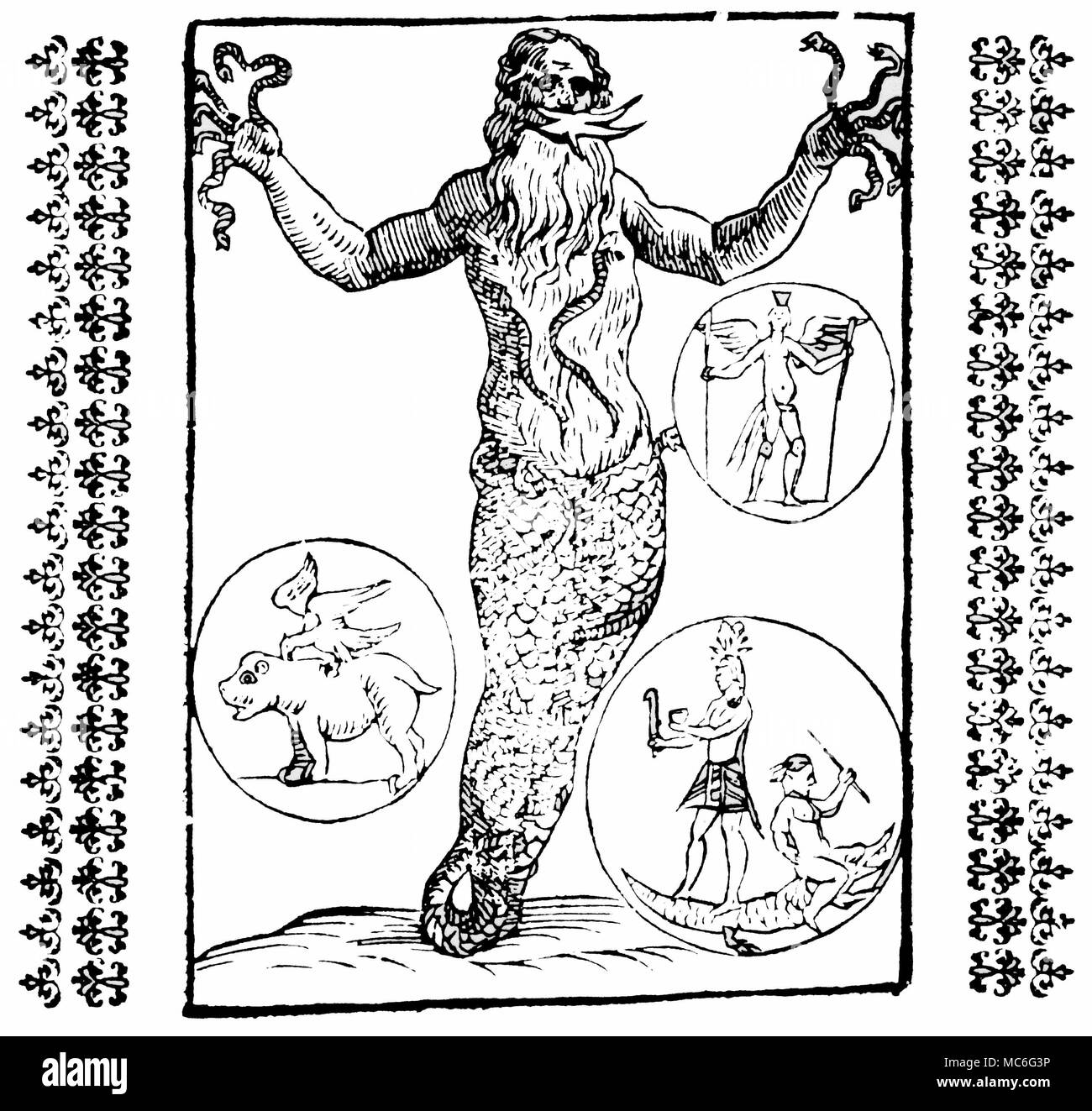 La mitologia greca - Mostri - TYPHON Typhon è stato il greco equivalente del dio egizio, Set, ma è stato raffigurato come un pesce-tailed, o serpente-tailed creatura. Egli ha detto di essere stato così alto che la sua testa toccò il cielo. Generò molti mostri, compresa la tripla teste di cane, Cerberus. Xilografia da un secolo XVI edizione del Natalis Comitis Mythologiae,. Foto Stock