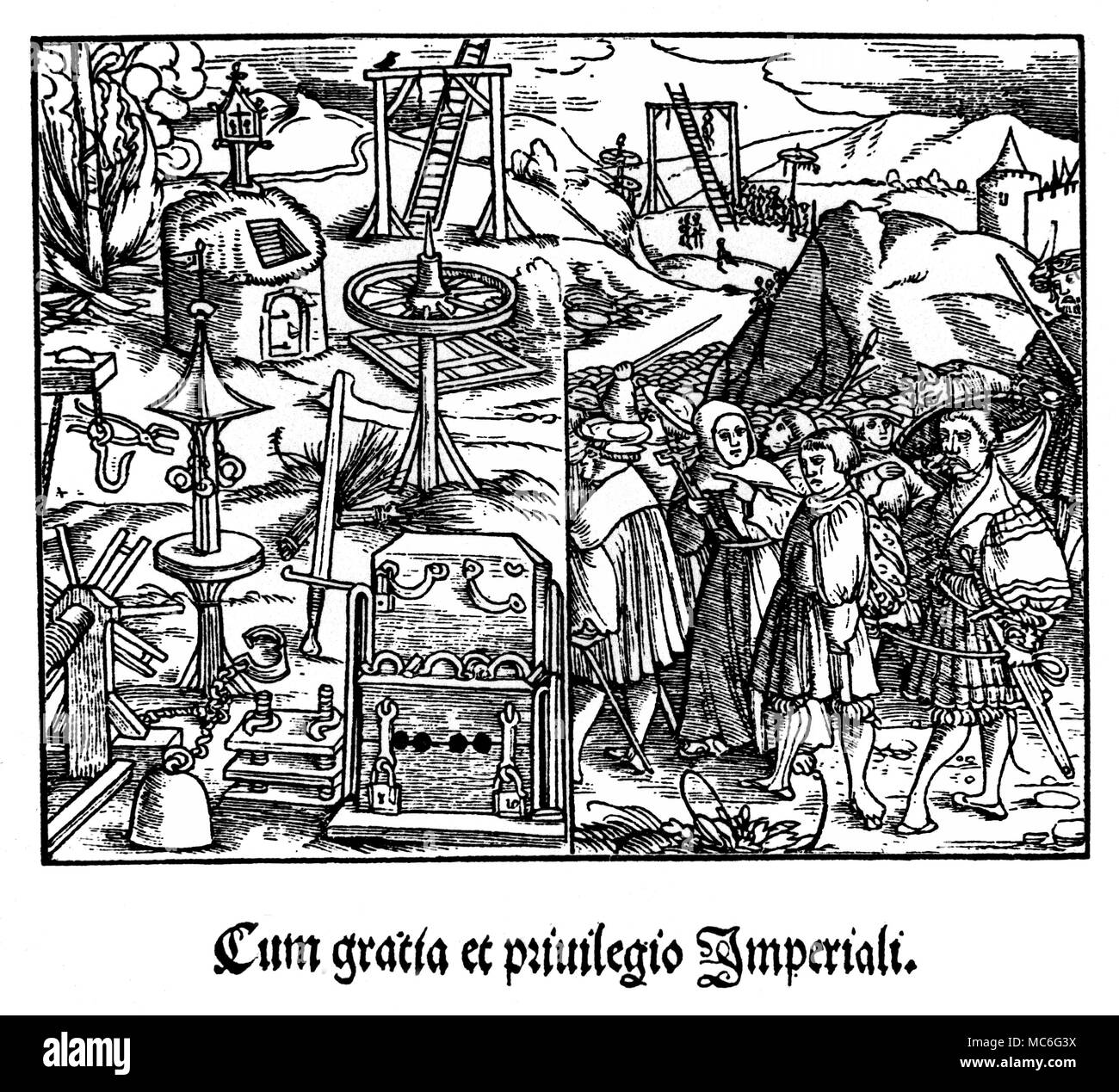 La tortura [sinistra] Strumenti di tortura, tra cui la posta in gioco per bruciare viva, il patibolo per appendere la ruota per rompere le ossa, la gogna, scorte, finger-viti, stretching windless, e così via. [Destra] uno sfortunato prigioniero essendo portano a esecuzione, consigliato da un sacerdote, e seguita dalla folla che guarda la sua estremità. Dall'titlepage di Des allerdurchleuchtigsten grossmechtigsten, di Carlo V (Kaiser Karls des funften). Foto Stock