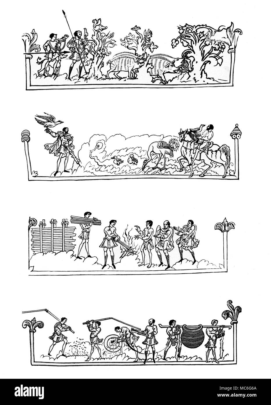 Mesi - Calendari - da settembre a dicembre undicesimo secolo Calendario, raffiguranti i mesi e le attività ad essi associate, in una comunità rurale. Il woodengravings sono basati sul calendario in mss. Cottonian Ju. A. vi, nella British Library, realizzato per il 1902 edizione di J.R. Verde, una breve storia del popolo inglese. [Lettura dalla parte superiore verso il basso]: Settembre, con l'attività di [sinistra] caccia, e [destra] pascolando suina. Ottobre, con l'attività di Hawking. Novembre, con un gruppo raccolto attorno a un fuoco. Dicembre, con l'attività di [sinistra] la trebbiatura [MIDDLE] winnowi Foto Stock