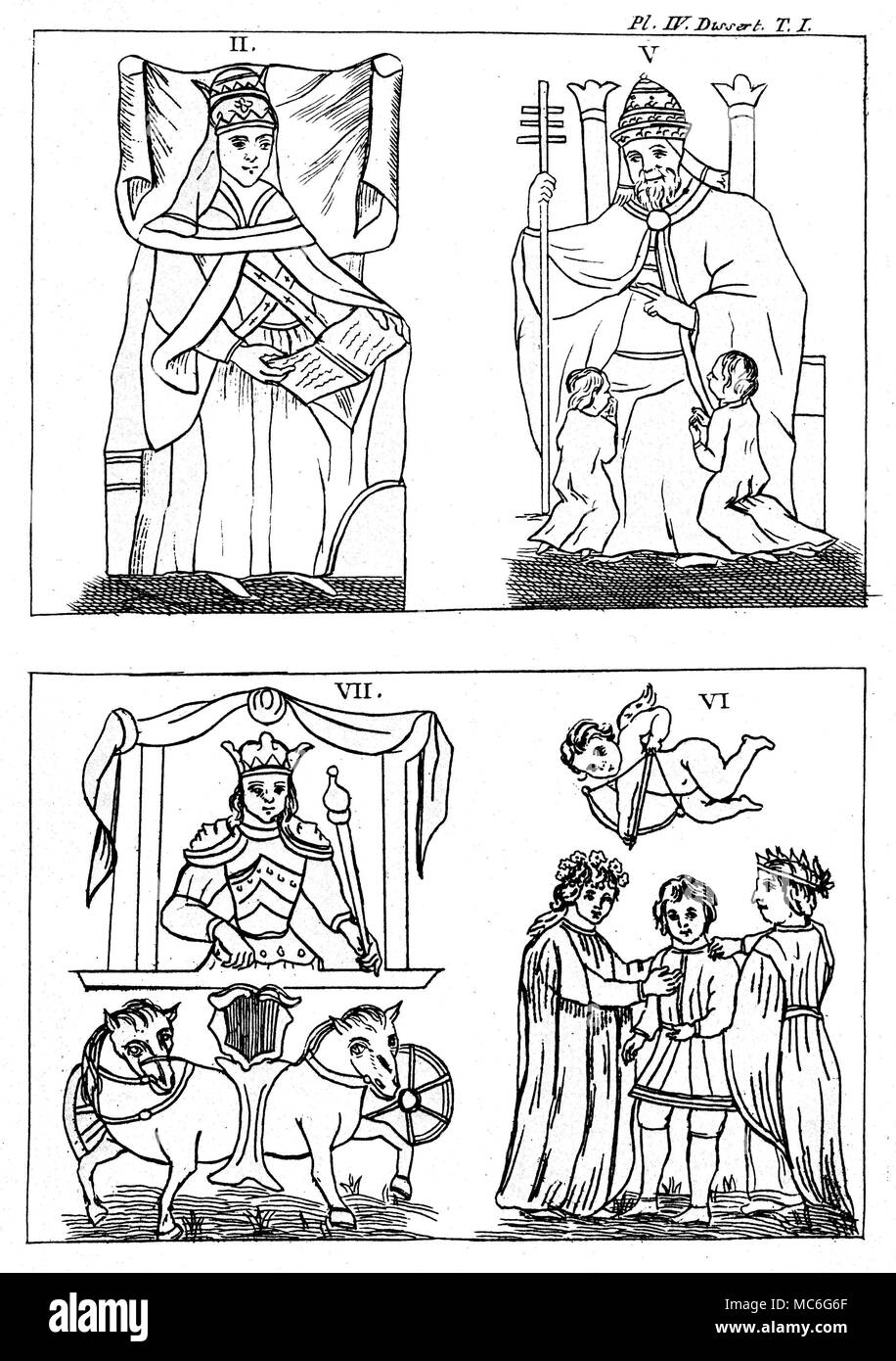 Tarocchi - DESIGN GEBELIN - LADY PAPA - IL PAPA - Carro - amanti [Top left] La Papessa, scheda 2 del set foto dal francese Mason, Court de Gebelin, nel 1773, basata sui ponti di Marsiglia aveva visto. Gebelin cui lei come 'La Sacerdotessa'. Vedere Court de Gebelin, Le Monde primitiva, Voll III [1773] E VIII [1781]. [In alto a destra] Il papa, scheda 5 del Gebelin design, che egli ha indicato come il Chief Semina-pietra o Sommo Sacerdote. [Basso a sinistra] Il carro, scheda 7 del Gebelin design, che egli ha indicato come "Osiride Trionfante". [Bottom Right] Gli amanti, carta 6 del Direttorio del Gruppo Foto Stock