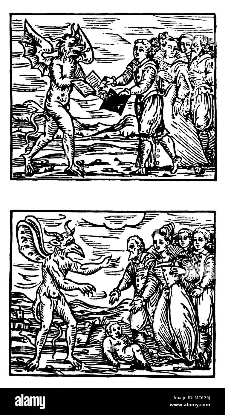 WITCHCRAFT - diavolo e streghe - LIBRO DI MORTE [Top] le streghe, avente implorò il diavolo a zero i propri nomi dal Libro della Vita, chiedere a lui di scriverli nel Libro della Morte. Il settimo requisito del Patto fatto tra le streghe e i loro master, il diavolo. [Bottom] le streghe promessa il diavolo che faranno un sacrificio a lui - nella maggior parte dei casi, questo sacrificio è di un neonato. In alcuni casi, le streghe si impegnano a strangolare o soffocare per il diavolo un bambino ogni due settimane o un mese. Ottavo il requisito del patto di stabilità effettuata tra le streghe e i loro master Foto Stock