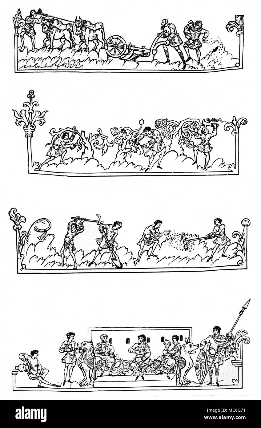 Mesi - Calendari - da gennaio a aprile undicesimo secolo Calendario, raffiguranti i mesi e le attività ad essi associate, in una comunità rurale. Il woodengravings sono basati sul calendario in mss. Cottonian Ju. A. vi, nella British Library, realizzato per il 1902 edizione di J.R. Verde, una breve storia del popolo inglese. [Lettura dalla parte superiore verso il basso]: Gennaio, l'attività di aratura. Febbraio, con l'attività di potatura di alberi. Marzo, con l'attività di lavorazione del terreno, scavando, semina e straziante. Aprile - a malapena una immagine rurale, per esso mostra un eterno mangiando e dr Foto Stock