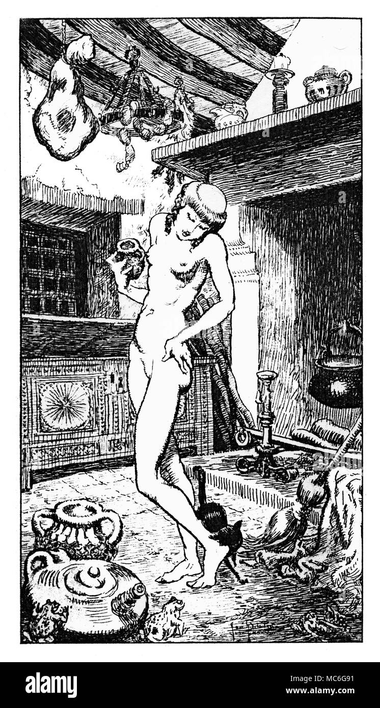 WITCHCRAFT - BATTENTI UNGUENT preparando per Sabbat. La giovane strega è lo sfregamento sul suo corpo un unguent, che le consentirà di volare. Disegno di JosÃš de la Peña, sul quale era basata in una sezione della parete dipinti nel Museo Basco di stregoneria, a Bayonne. Il muro di dipinti, riguardano la storia di Pierre de Lancre la stregoneria interrogatori basco di uomini e donne nel 1609. Vi è una colorata a mano in versione di questa immagine in Charles Walker archivi. Foto Stock