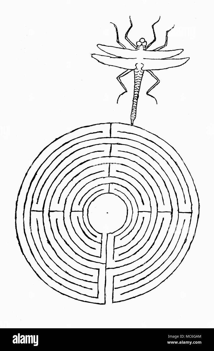 Labirinti - VILLARD DE HONNECOURT Maze disegno, nel taccuino (o modello-libro) del tredicesimo secolo francese, architetto Villard de Honnecourt. In larga misura questo labirinto piano (che è in realtà il piano di un terreno di ballo) assomiglia a quello della navata pavimentazione della Cattedrale di Chartres. Questo disegno non è di un labirinto di puro, per aver intrapreso il suo percorso, non vi è alcuna possibilità di diventare perso: il percorso conduce inesorabilmente al cerchio interno. La libellula nella parte superiore del cerchio di ballo non sembra essere collegato con essa in alcun evidente simbolismo. Foto Stock