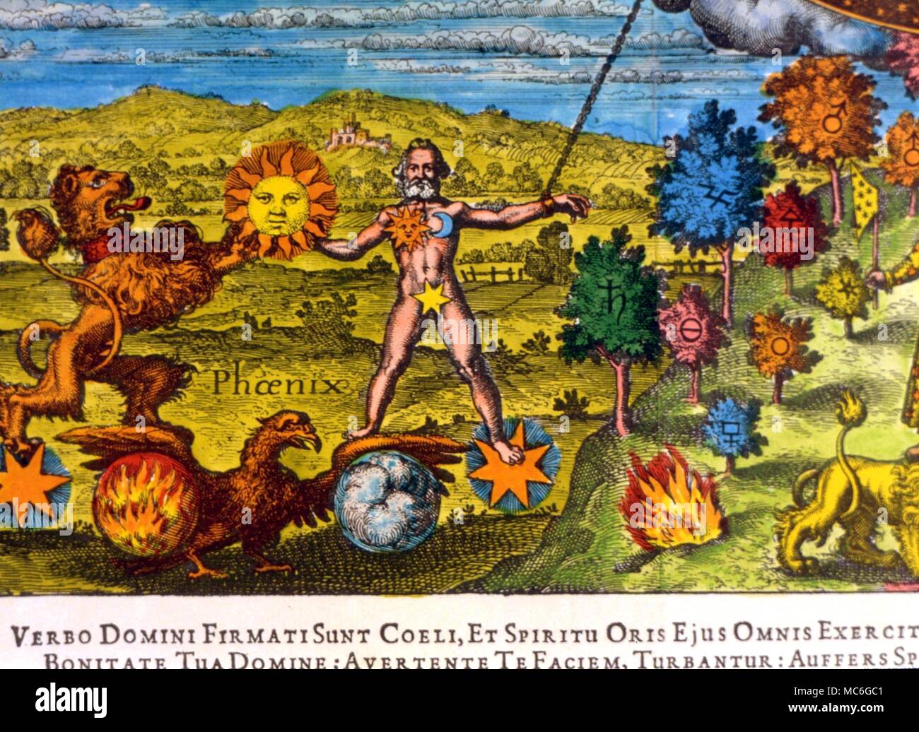 Immagine emblematica di Lion come dominatore del sole, con Phoenix, dominatore del fuoco e aria. Da Johann Daniel Mylius' Opus Medico-chymicum, 1618 Foto Stock