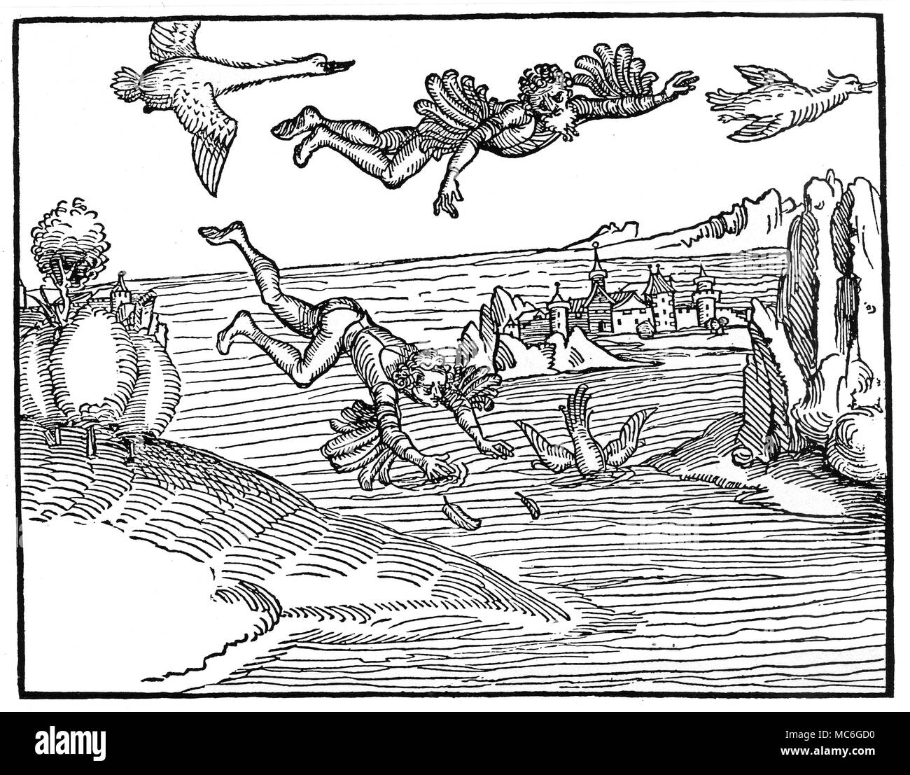 La mitologia greca - ICARO xilografia di solito associato con l'artista tedesco Albrecht DÂ³rer, ma probabilmente non da lui. La xilografia raffigura Daedalus e suo figlio Icarus, volando sulle ali fissato ai loro corpi da cera, mediante un metodo inventato da Daedalus. Icarus ha volato troppo vicino al sole: la cera ha fuso e le ali sono caduti. Di conseguenza, il ragazzo cade in mare e viene annegato. Foto Stock