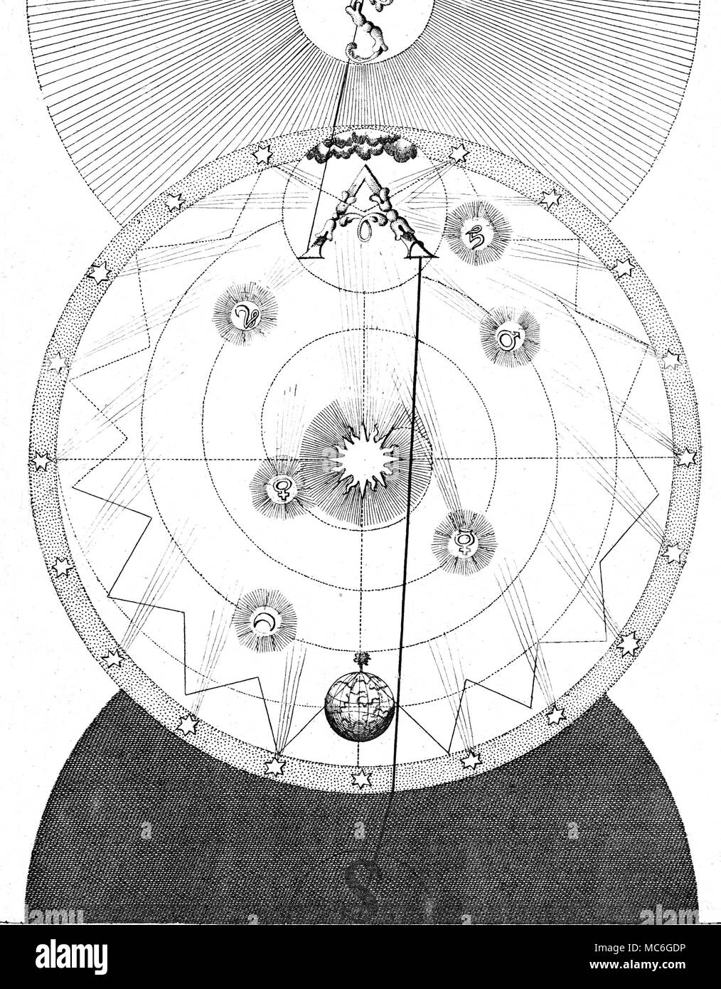 Simboli - arte occulta - ROSICRUCIANS - spirali di uno di una serie di influenti incisioni occulto da William diritto, nella spiegazione dei principi del pensiero arcana della Rosicrucian, Jacob Boehme, dalle opere di Jacob Behmen, il teutonico Theosopher, Vol 1, 1764. La piastra 8 illustra le condizioni spirituali che si alzò quando Adamo non poteva più 'stand sulla sommità della perfezione che egli è stato progettato per l'. Il diagramma mostra che al di sopra di Adam e legata a lui, come se da una catena, è Sophia (rappresentato come una lettera S), "la moglie della sua giovinezza", convenzionalmente, la sapienza. Adam è anche la catena Foto Stock