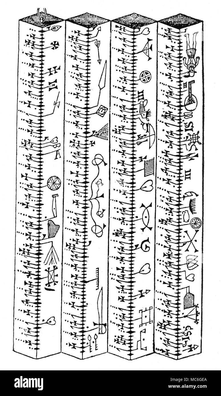 Calendari - intasare almanacco - O LEGNO-LOG INTASAMENTO DEL CALENDARIO Calendario - Incisione su legno dal 1905 edizione di Mosè B. Cotsworth, l'Almanacco razionale. L'illustrazione raffigura quattro registri, ma questi sono i quattro bordi di una singola piazza-sided almanacco. La chiesa le feste e le date importanti sono registrati in immagini e punti lungo la lunghezza dello zoccolo. Per esempio il fieno-marcatura a rastrello 11 Giugno segna il fieno raccolto, come pure egli festa di San Barnaba. L'immagine dell'uomo ritratto capovolto (in alto a destra) segna il 13 ottobre e il festival di San Edoardo il Confessore Re crocifisso Foto Stock