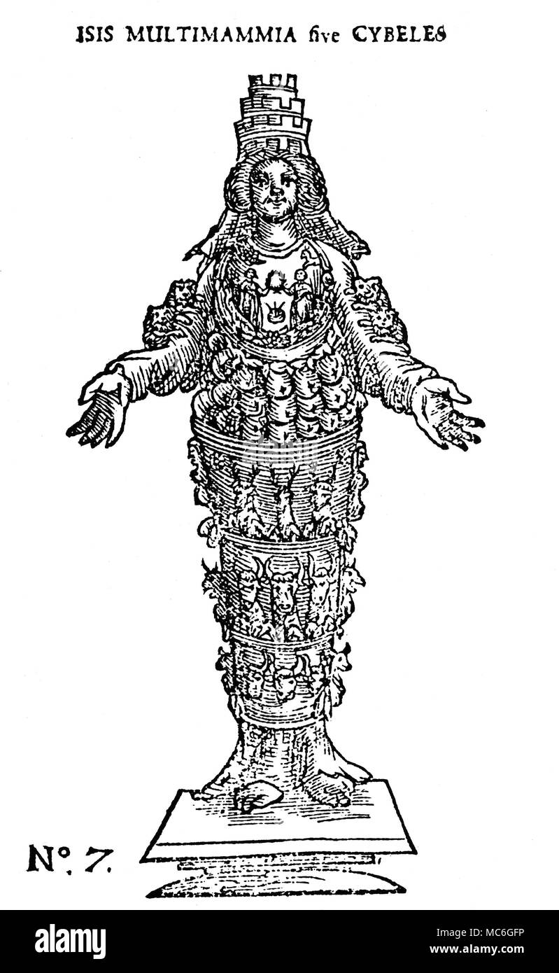 Mitologia - Cibele xilografia di Cibele, la Grande Madre degli dèi, qui erroneamente identificato con i molti-breasted Iside, una forma di Diana. Come Iside, Cibele aveva molti nomi, ma i greci ed i Romani tendevano a favorire questo nome - anche se i Greci in particolare associato a lei con la dea terra, Rhea. Essa è stata in gran parte come conseguenza di una profezia dei Sibillini che il suo culto fu introdotto a Roma da Galazia, nel 204 A.C. Da Gregorii Michaelis, Notae in Jacobi Gaffarelli Curiositates, 1676. Foto Stock