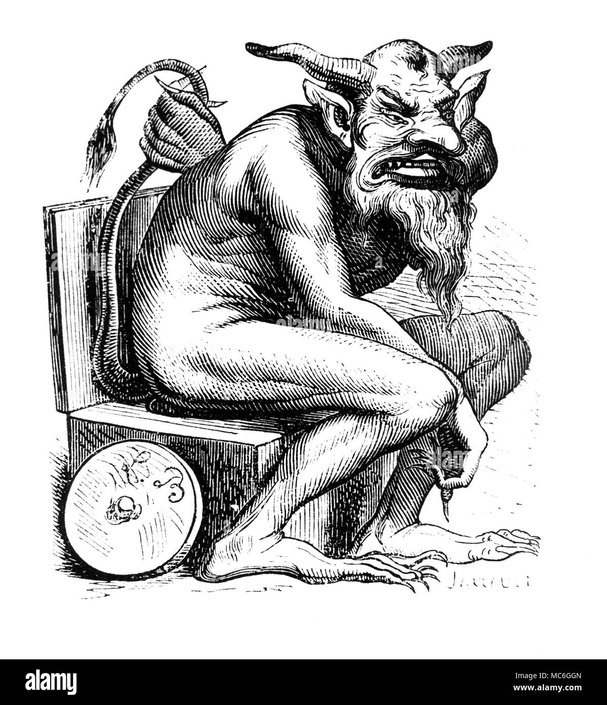 Demoni - BELPHEGOR un demone detto essere originariamente Baal-Poer assira, di un Dio che è stato retrocesso dal Cristianesimo al demone lo stato. Secondo la leggenda, Belphegor è stato inviato a terra con gli altri demoni per scoprire se vi è stata davvero una cosa del genere sulla terra come sposato hapapiness. Le sue esperienze al più presto gli ha insegnato che le dicerie w come prive di fondamento. Questa leggenda è stato sviluppato da John Wilson, Belphegor, o il matrimonio del diavolo, 1691. Questa immagine è derivato dal 1863 edizione di Collin de Plancy, Dictionnaire infernale. Foto Stock