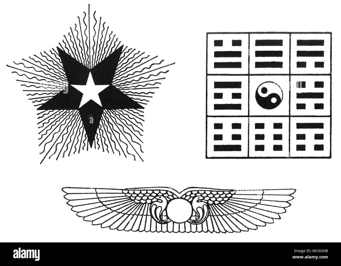 Simboli - TRIPLE PENTAGRAM - otto trigrammi - disco solare simboli da Oswald Wirth, Le Tarot des Imagiers du Moyen Age, 1927. [Top left] un simbolo chiamato da Oswald Wirth, 'triple pentagram', che ha collegamenti con i tarocchi card n. 15 (perché la numerologia 3 x 5 = 15). Il bianco pentagramma rappresenta l'energia dell'intelligenza umana. Il pentagramma scuro, che è invertita, rappresenta le tenebre nell'uomo (esteriorizzato come il diavolo), mentre la fiamma esterno simile pentagramma rappresenta la scintilla divina, l energia cosmica entro il quale l'umanità dimora: come dice Wirth è propriamente un Glor Foto Stock