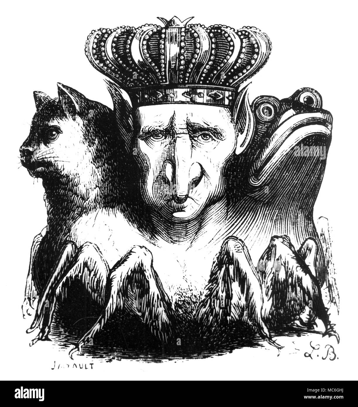 Demoni - BAEL Bael è il primo principal spirito del grimoire, Lemegeton clavicola Solomnis. Egli aveva il potere di rendere il prestigiatore invisibile. Egli appare a volte come un gatto, a volte come un rospo e altre volte come un uomo. Tuttavia, egli ha il potere di manifestare in ciascuna di queste tre forme di volta in volta e allo stesso tempo. La sua immagine è dal 1863 edizione di Collin de Plancy, Dictionnaire infernale. Foto Stock
