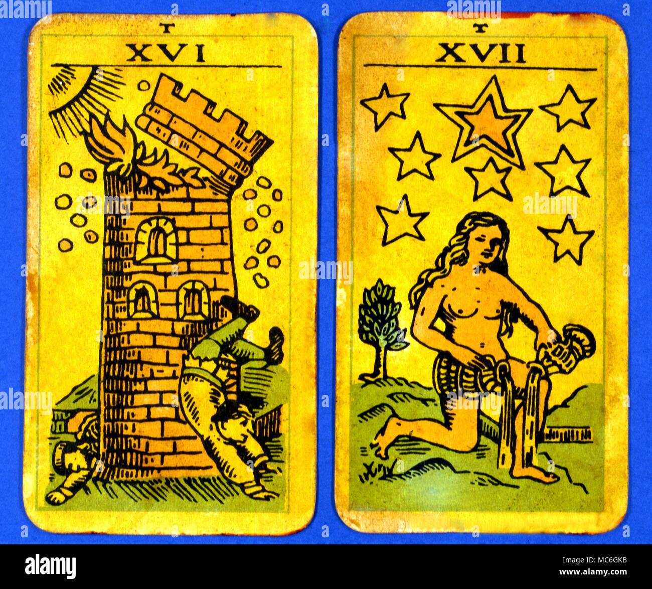 Tarocchi Cards-Majo arcani- il tarocco parigino. Scheda 16. La casa di Dio,  e la scheda 17. La stella. Due carte da un Arcani Maggiori dei Tarocchi  foto,adattato da un gruppo Wiccan. Probabilmente