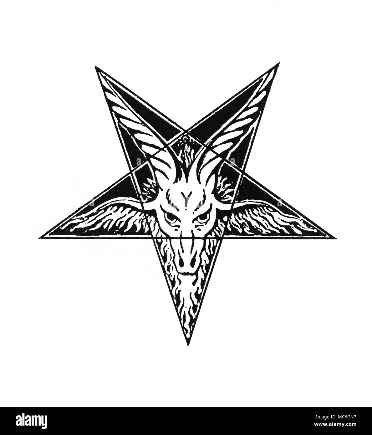 I simboli magici - SABBATIC capra, o rosso-capo di un disegno del Sabbatic capra-testa o rosso-testa, racchiusi entro un pentacolo, realizzato da Oswald Wirth, per il suo libro sul simbolismo dei Tarocchi, Le Tarot Des Imagiers du Moyen Age, 1927. Questo magico disinctive testa formata una parte di una discussione sul significato del pentagramma, in relazione all'interno ed esterno di uomo. Sebbene Wirth ha rappresentato il disegno originale in bianco e nero, egli ha insistito sul fatto che, propriamente parlando, dovrebbe essere raffigurato in rosso per indicare che essa è stata fatta di fiamma. Foto Stock I simboli magici - SABBATIC capra, o rosso-capo di un disegno del Sabbatic capra-testa o rosso-testa, racchiusi entro un pentacolo, realizzato da Oswald Wirth, per il suo libro sul simbolismo dei Tarocchi, Le Tarot Des Imagiers du Moyen Age, 1927. Questo magico disinctive testa formata una parte di una discussione sul significato del pentagramma, in relazione all'interno ed esterno di uomo. Sebbene Wirth ha rappresentato il disegno originale in bianco e nero, egli ha insistito sul fatto che, propriamente parlando, dovrebbe essere raffigurato in rosso per indicare che essa è stata fatta di fiamma. Foto Stock