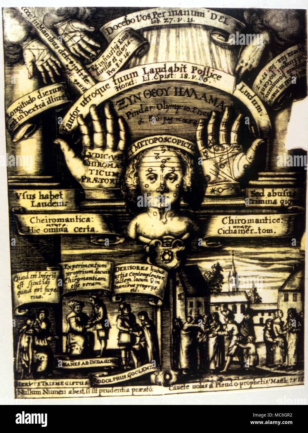 Chiromanzia - Titlepage del famoso 'Ludicorum Chiromanticum Praetoris' con vari metoposcopic palmistics e figure Foto Stock