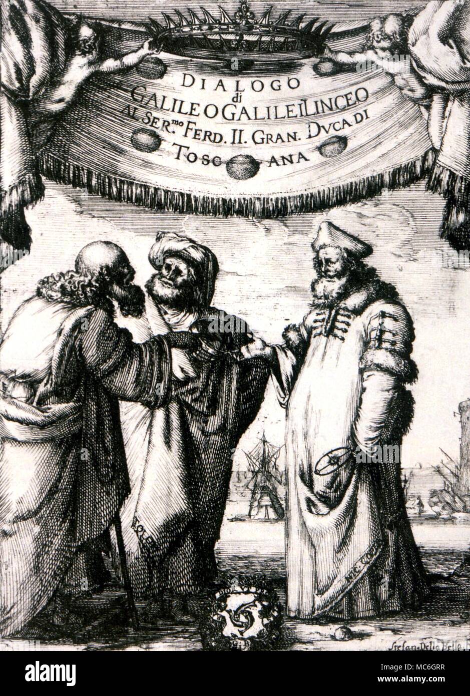 Astrologia - GALILEO pagina titolo dal 'Dialogo di Galileo Galilei", 1632, pubblicata a nome dei Medici, che ha supportato la Galileo di lavoro in Firenze fino al 1632. Questo libro ha portato alla sperimentazione di Galileo Foto Stock