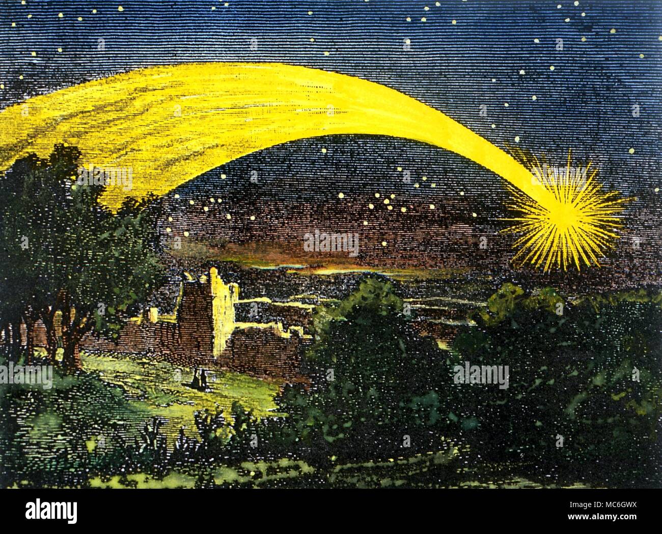 Astrologia - Meteor la presenza di striature su un romantico paesaggio gotico. Un tale meteor è considerato un presagio di catastrofe. Inizio xviii incisione Foto Stock