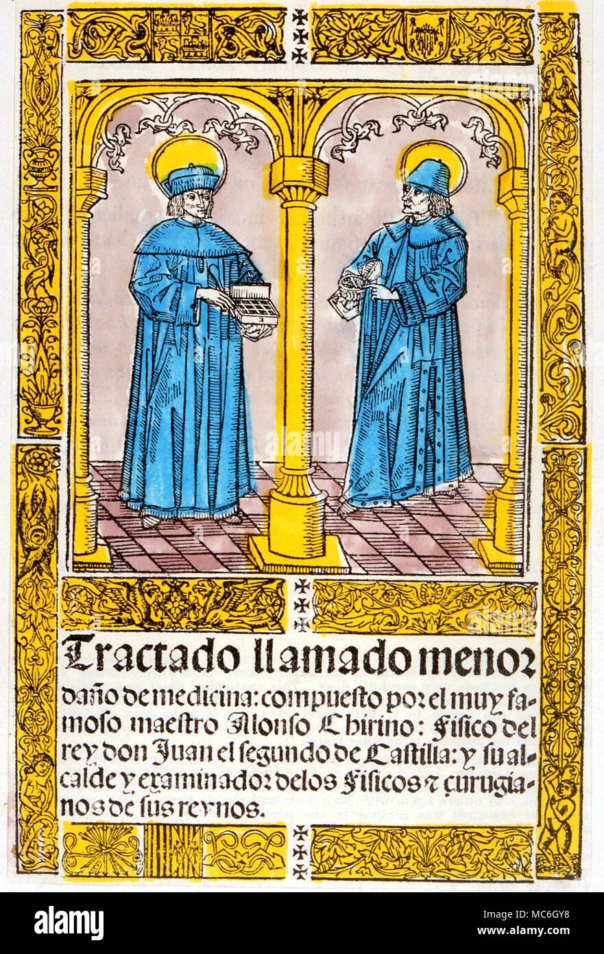 Medicina - Santi Cosma e Damiano, i santi patroni della medicina, dall'titlepage di Alonso Chirino's uomini0r Dano medicina, 1538. Chirino era medico di Giovanni II di Castiglia Foto Stock