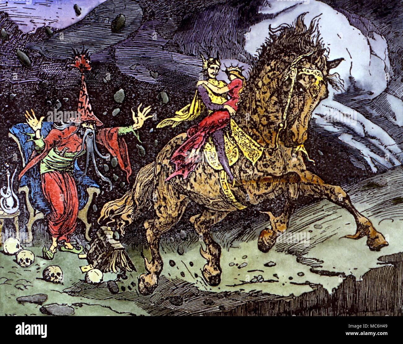 Maghi - Procedura guidata e il cavallo Dapplegrim -illustrazione per il racconto "applegrim' nel 1930 edizione di Andrew Langs 'Red Fairy Book' Foto Stock