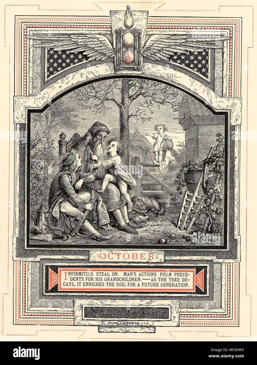 Astrologia - MESI DELL'ANNO - mese di ottobre il mese di ottobre, dalla serie di John Leighton, la vita dell uomo, 1866. I dodici segni (in questo caso Libra) sono associati con ciascuno dei mesi durante il quale il Sole si trova in questo segno zodiacale. Un segno distintivo di tappa in dodici stadi di vita dell uomo è collegato anche con l'immagine - in questo caso, Ottobre è legato con il nonno e il veterano. Entro il decimo mese dell'anno, l'alato a clessidra mostra segni di esaurimento. Il tema è della fine e di trasformazione del materiale forma - le vigne vengono tagliati, la foglia cade dall'albero, Foto Stock