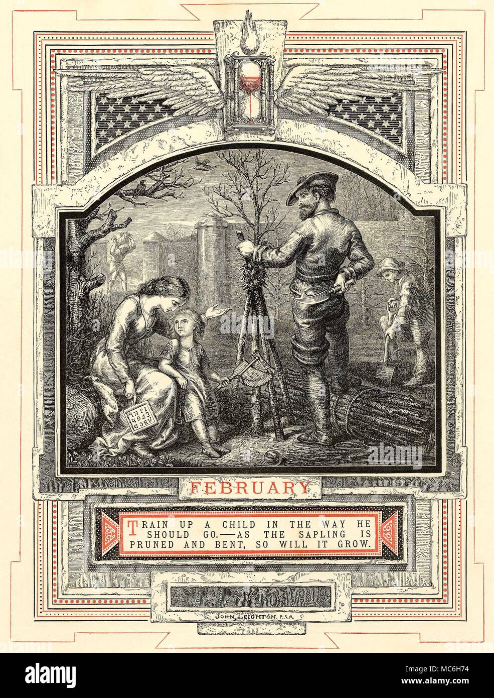 Astrologia - MESI DELL'ANNO - febbraio il mese di febbraio, dalla serie di John Leighton, la vita dell uomo, 1866. I dodici segni (in questo caso Aquarius) sono associati con ciascuno dei mesi durante il quale il Sole si trova in questo segno zodiacale. Un segno distintivo di tappa in dodici stadi di vita dell uomo è collegato anche con l'immagine - in questo caso febbraio è legato con il bambino e scolaro. All'inizio dell'anno, l'alato ora-vetro è già in esecuzione. Foto Stock