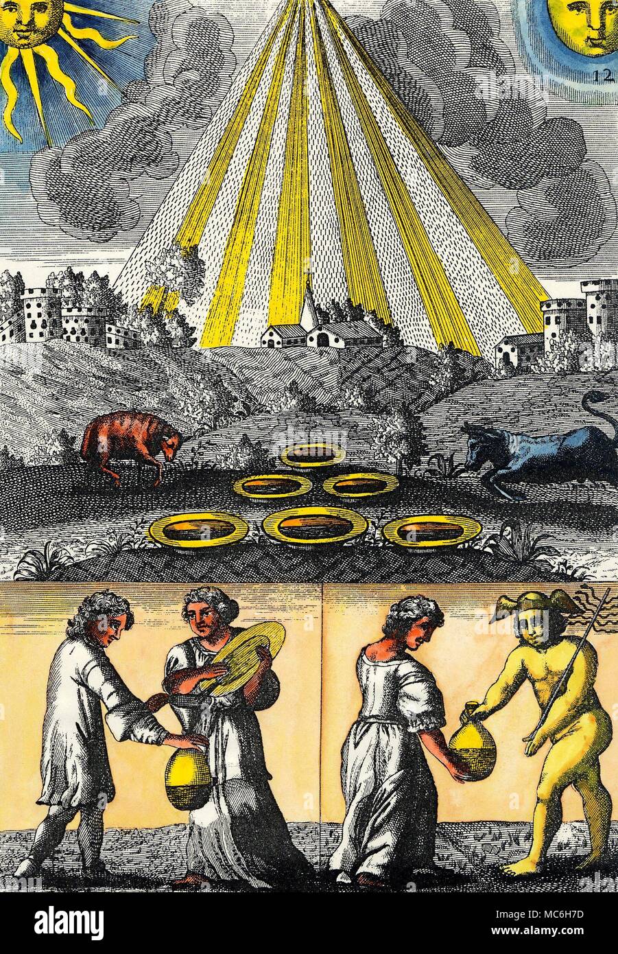 Alchimia - MUTUS LIBER, o silenzioso libro - piastra 12. Il dodicesimo piastra nella serie di quindici riproduce in quasi tutti i dettagli simbolico della prima piastra 9. Dovremo ricapitolare questo simbolismo, qui, prima di esaminare la leggera (anche se altamente significativo) differenze tra le piastre. Una volta di più ci sono mostrati il familiare mondo della creazione, anche se gentilmente arse poteri spirituali, visibile solo per l'avvio. Di seguito i due luminari sono le loro creature, l'agnello del sole e il Toro della Luna (Aries è un segno di fuoco, il Toro un segno di terra). Tra loro, disposti sul terreno di un Foto Stock