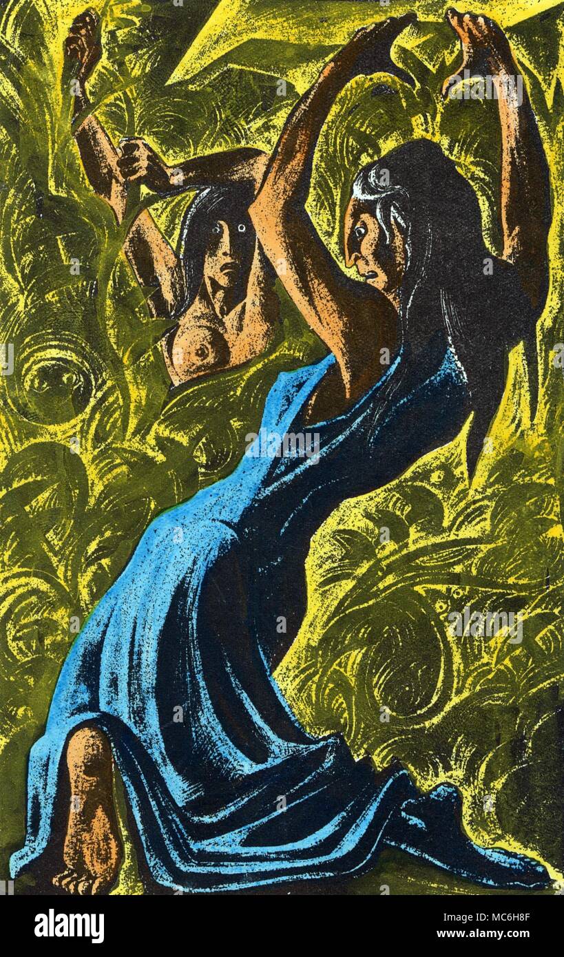 HAUNTINGS e storie di fantasmi colorate a mano illustrazione litografica da Lynd Ward per la classica storia di follia discendente e un alter ego di sorta, da Charlotte Perkins Gilman, la carta da parati gialla, circa 1935 Foto Stock