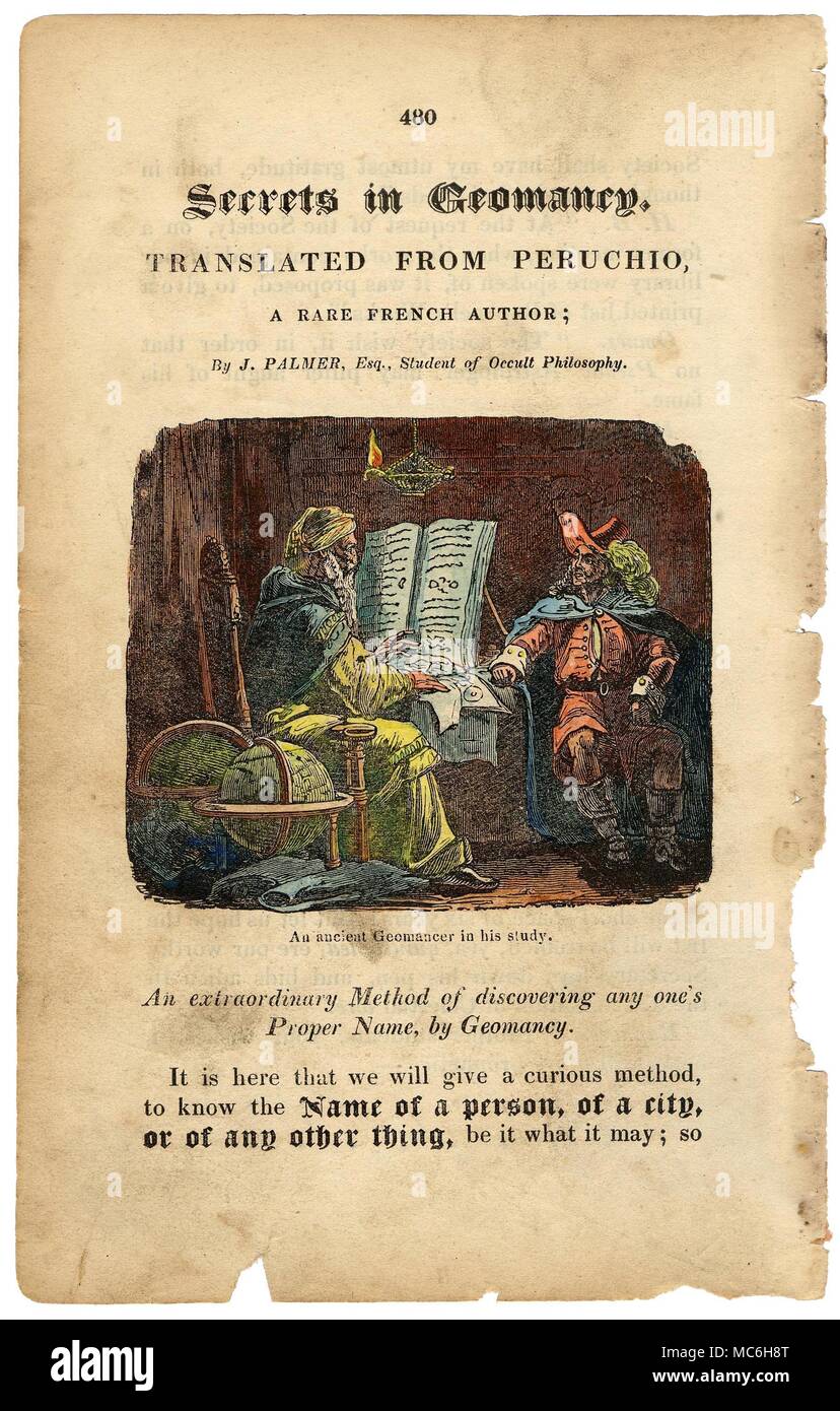 Geomanzia - Una geomanzia alla sezione di lavoro titolo per una traduzione di un breve lavoro sulla geomanzia da Peruchio (una rara autore italiano) tradotto in inglese da J. Palmer, e utilizzati nel lavoro Vittoriano, il Libro del Destino, 1873 edn. Il legno-incisi vignette mostra il Geomancer consigliando un cavalier-come in figura, ma non vi è alcuna indicazione che egli è la pratica di geomanzia stesso. Foto Stock