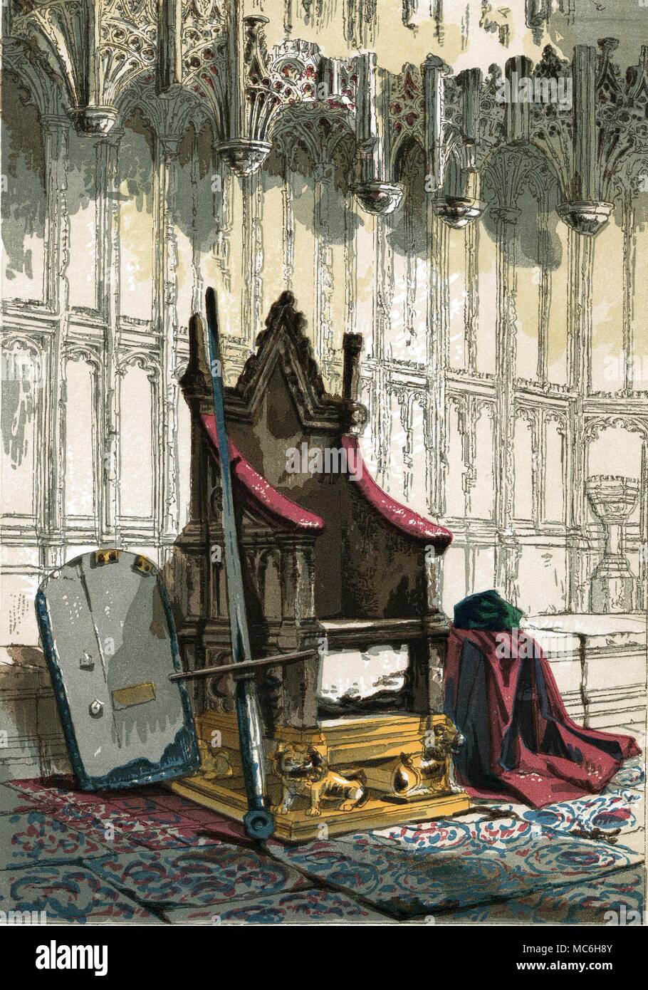 Dogana britannica la cosiddetta pietra di incoronazione, o pietra di Scone, nella sede di incoronazione nella Westminster Abbey. Stampa Chromozylographic, dalla vecchia Londra, 1863. Foto Stock