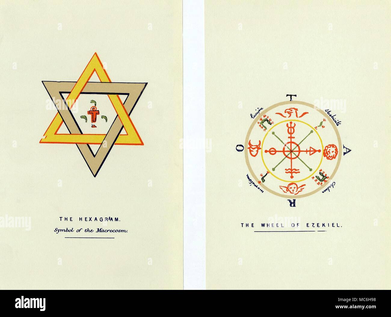 I simboli magici - LA HEXAGRAM e la ruota di Ezechiele i simboli magici redatto con specifico riferimento ad uno studio di progettazione segreta del mazzo di Tarocchi. [Sinistra] Il Hexagram, simbolo del macrocosmo, talvolta chiamato il sigillo di Salomone. Il giallo-rosso triangolo rappresenta il tendere verso l'alto mescolandosi e intersecante con il verso il basso in direzione dell'altro triangolo. È la riunione delle due terne - uno è la Trinità soprannaturale, le altre tre volte l'uomo (l'Uomo di pensiero e di sentimento e disposta): in termini di magia, questa è la riunione del macrocosmo e microcosmo. In cento Foto Stock