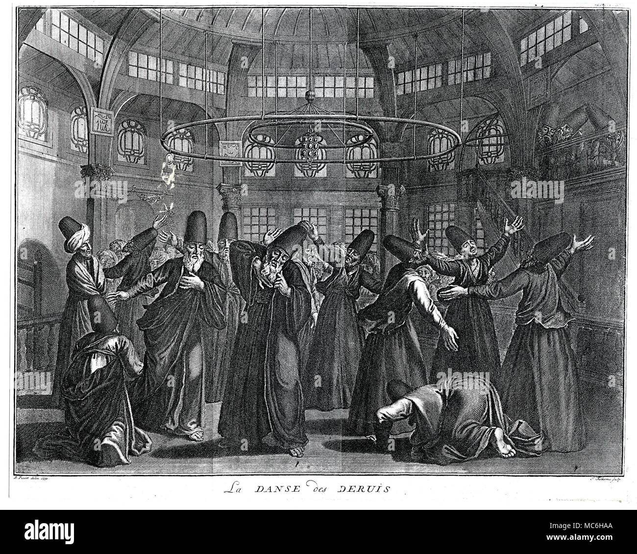 Dervisci - danza dei Dervisci incisione di 1731 da Folkema, per Picart nella storia delle dogane e religioni. La setta sembrano essere dei Dervisci Rotanti. Foto Stock
