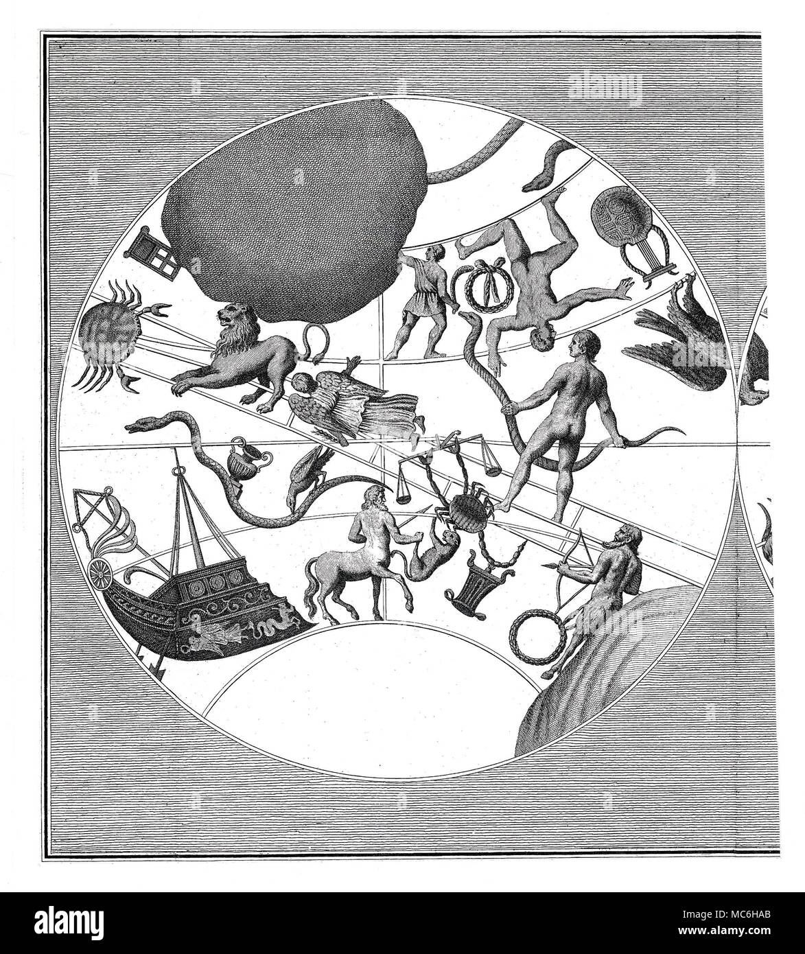 Costellazioni Constellational mappa, con l'asterismo che circonda la fascia zodiacale dal cancro del granchio al sagittario a titolo di Virgo. Incisione di L.P. Boitard, da Lord Shaftesbury, caratteristiche di uomini, modi, opinioni, volte, 1713. Asterisms distintivo includono Argo, il Centauro, impugnando la bestia, e Serpentarius. Si prega di notare che la corrispondente serie di asterisms è continuato in un'altra piastra, in modo tale da consentire la sovrapposizione, per formare un due-immagine del globo. Foto Stock