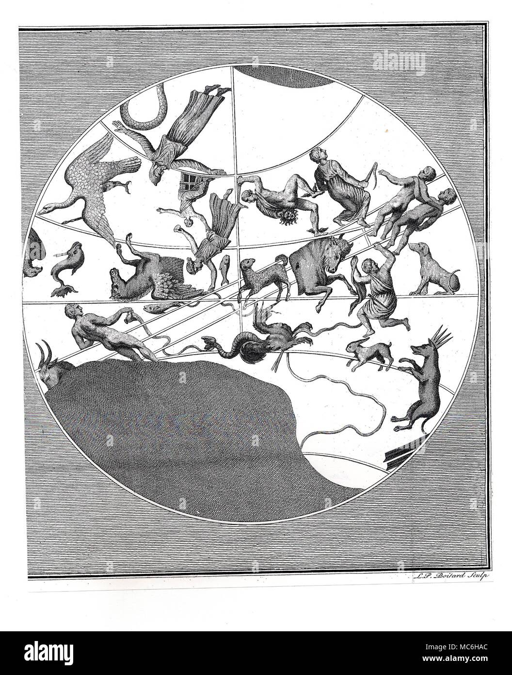 Costellazioni - CAPRICORNUS A GEMINI Constellational mappa, con l'asterismo che circonda la fascia zodiacale da Capricornus la capra a theTwins di Gemini, a titolo dell'Ariete. Incisione di L.P. Boitard, da Lord Shaftesbury, caratteristiche di uomini, modi, opinioni, volte, 1713. Distintivo includono asterisms (Pegaso il cavallo alato) e Perseus, afferra la testa della Gorgone Medusa. Si prega di notare che la corrispondente serie di asterisms è continuato in un'altra piastra, in modo tale da consentire la sovrapposizione, per formare un due-immagine del globo. Foto Stock