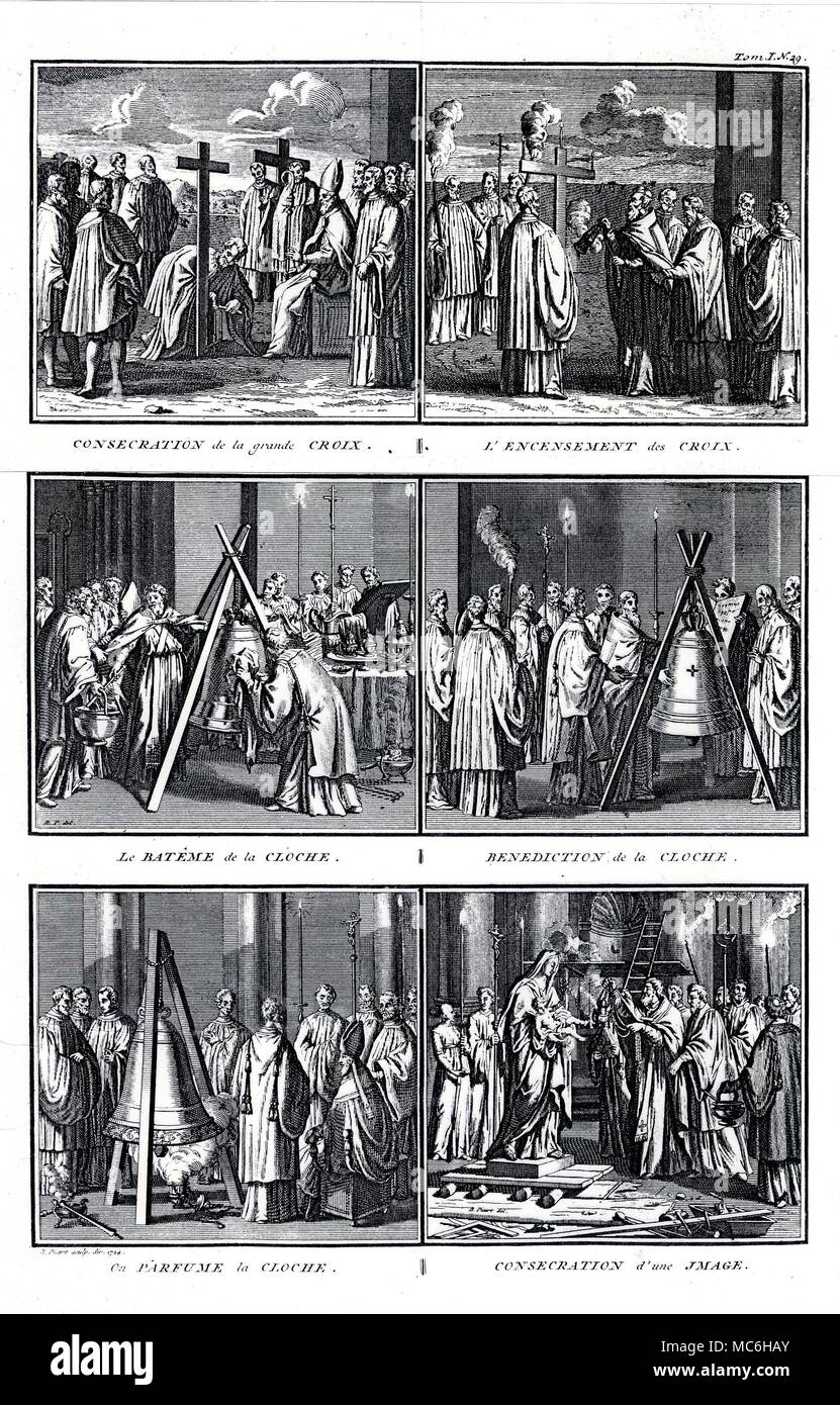 CHRISTIAN - magia bianca vari consecrational rituali, nella chiesa cattolica. La consacrazione di una croce. Incesing la croce consacrata. Il battesimo della campana. La Benedizione della campana, il incensing (o profumare) della campana. La consacrazione di una immagine della Vergine e il bambino. Incisione del 1731 da Folkema, per Picart nella storia delle dogane e religioni. Foto Stock