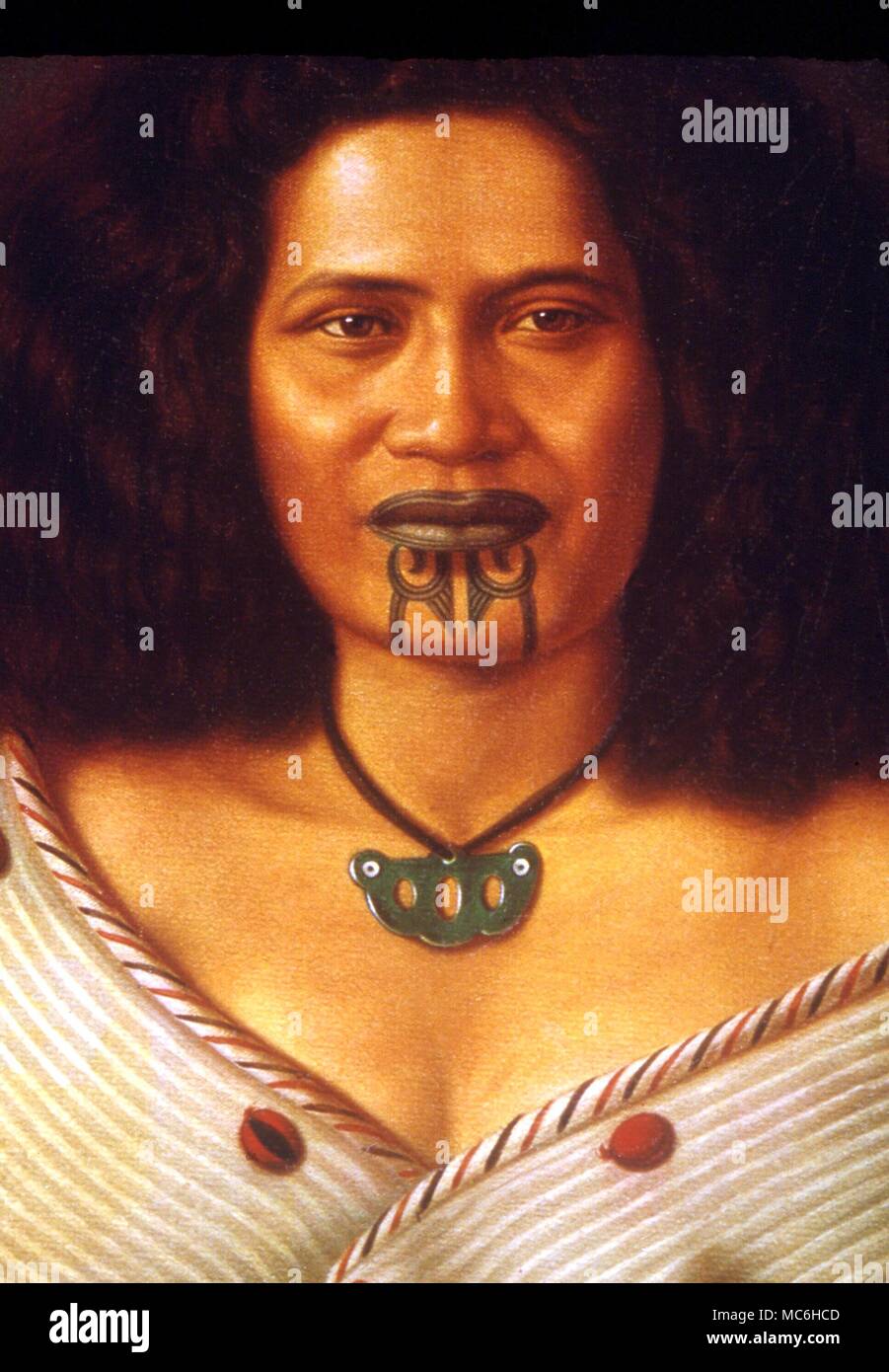 Amuleti - Un esempio della tradizionale Maori " Hei Tiki', un amuleto umanoide indossati dai Maori. Dopo la stampa di un dipinto di Gottfried xxndauer (didascalia incompleta) nel museo di Auckland Foto Stock