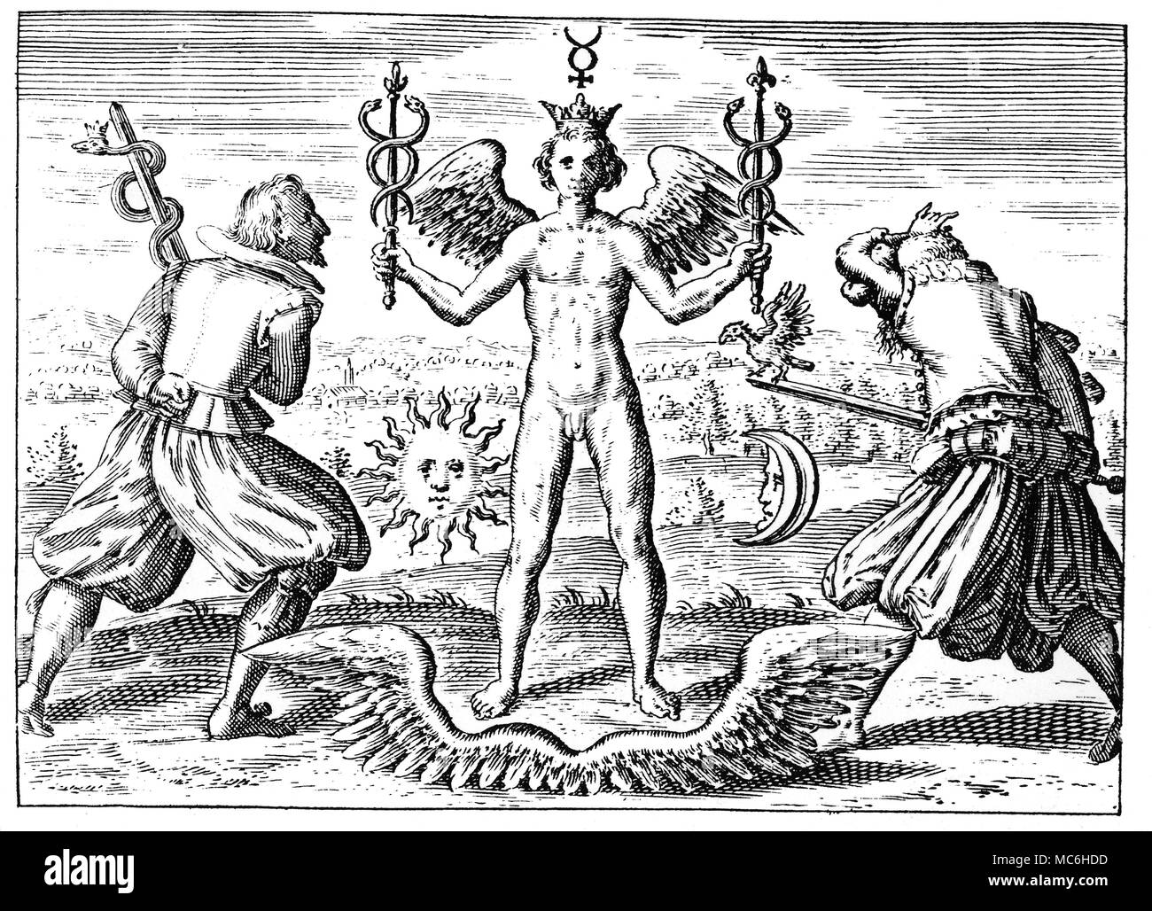 Alchimia - il mercurio la purificazione di mercurio. Incisione di chiavetta II per i sette tasti di basilico Valentine, dell Ordine benedettino, dal Tripus Aureus di Michael Maier, 1618. Foto Stock