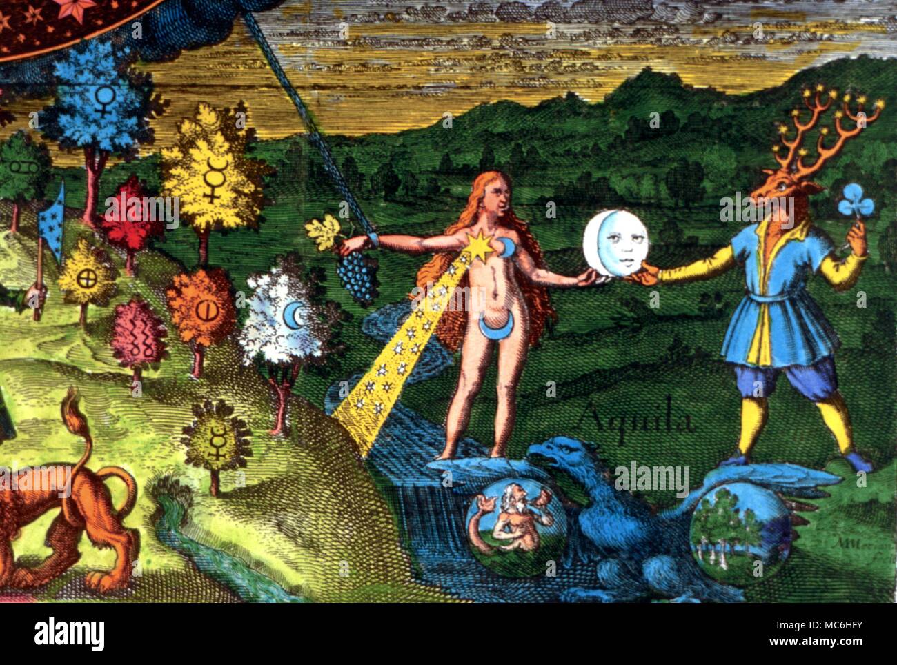 I simboli magici - La Luna. Personificazione della luna, tenendo la mezzaluna con un cervo intitolata l'uomo e l'Aquila, dominatore in alchemici elementi di terra e di acqua. Da Johann Daniel Mylius' Opus Medico-Chymicum, 1618. Foto Stock