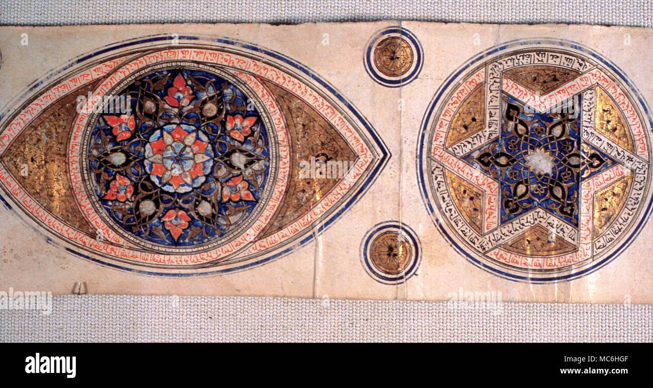 I simboli magici la magia degli occhi e la stella a sei punte su un amuletic scorrere, probabilmente dipinto in Egitto nel XV secolo. Foto Stock