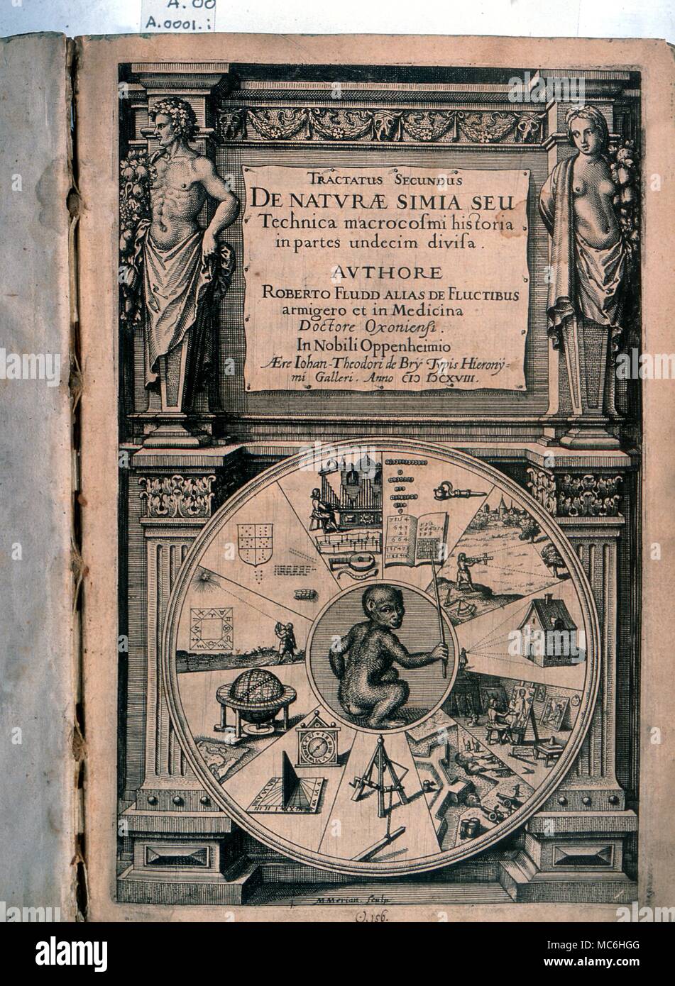 I simboli magici pagina titolo di Robert Fludd "Naturae Simia'' 1618, con undici divisioni del sapere arcano intorno la scimmia.". Foto Stock