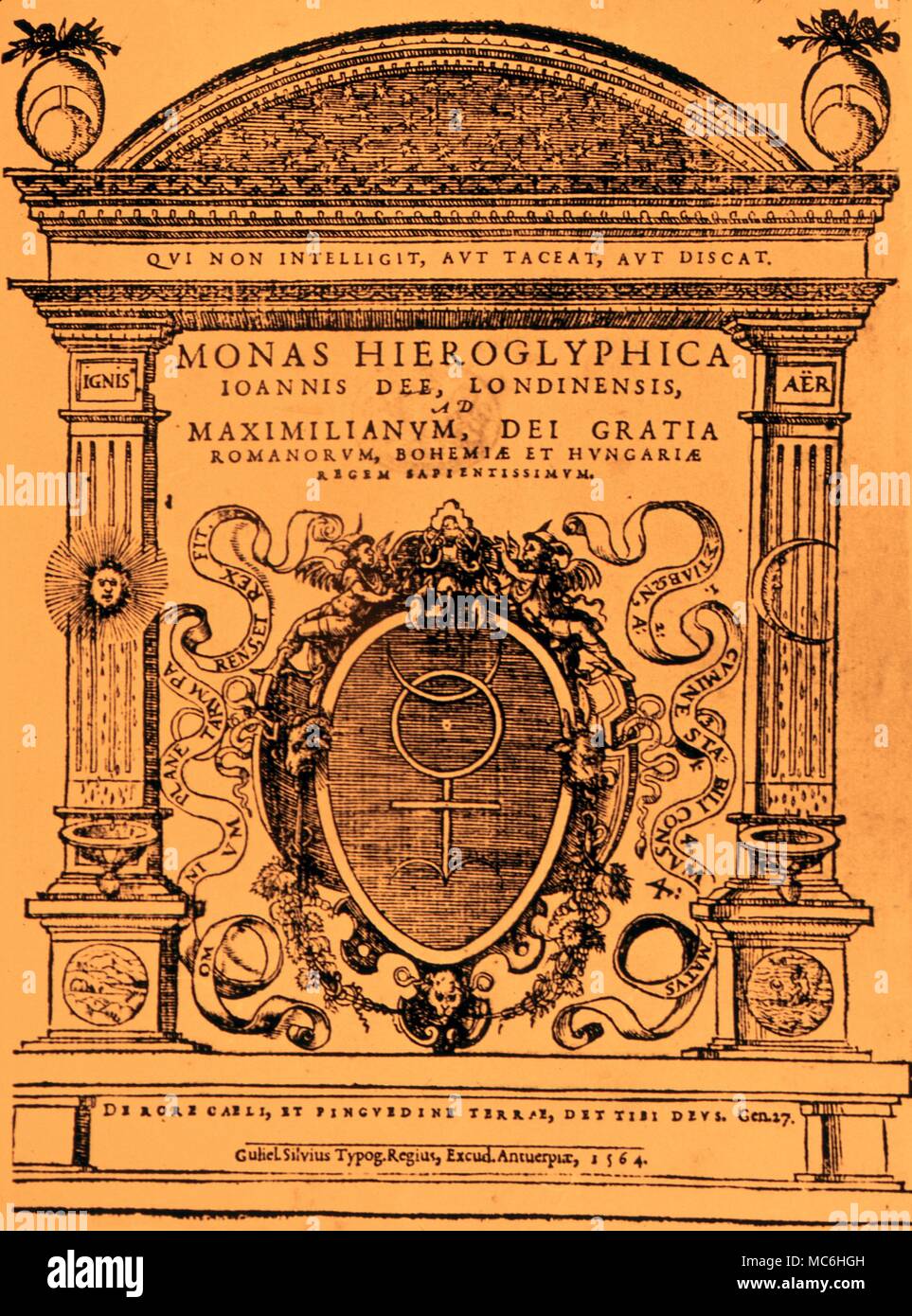I simboli magici pagina titolo di Dr John Dee Il Monas Hieroglyphica, 1564. Foto Stock