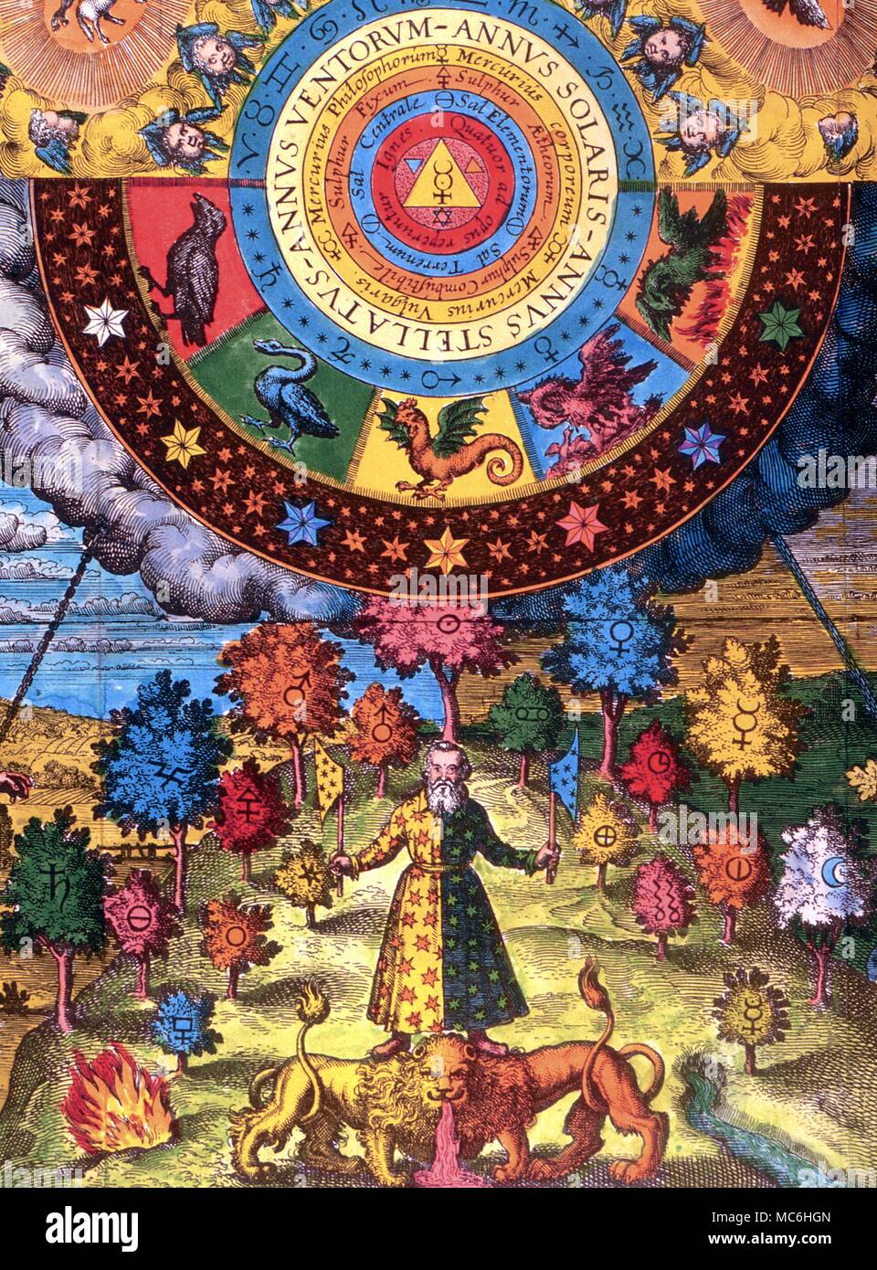 I simboli magici da Johann Daniel Mylius' Opus Medico-Chymicum, 1618. Il Corvo, il cigno, il Basilisco, La Fenice e il Drago - tutti gli emblemi alchemici. Foto Stock