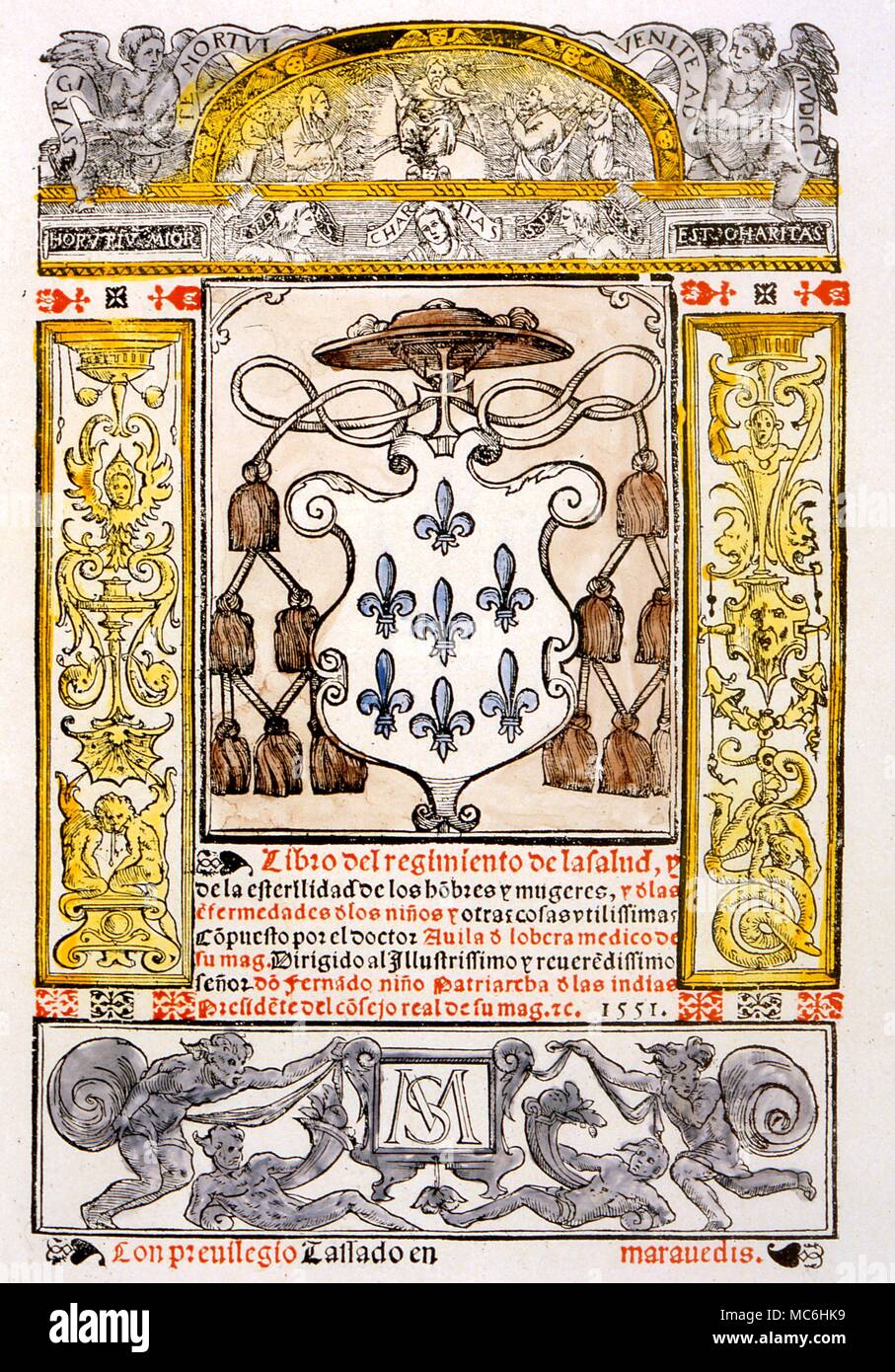 Pagina del titolo di un rarissimo libro spagnolo "Libro del Regimento de la Salud'' 1551. Si tratta di salute e la sterilità di adulti e malattie infantili.". Foto Stock