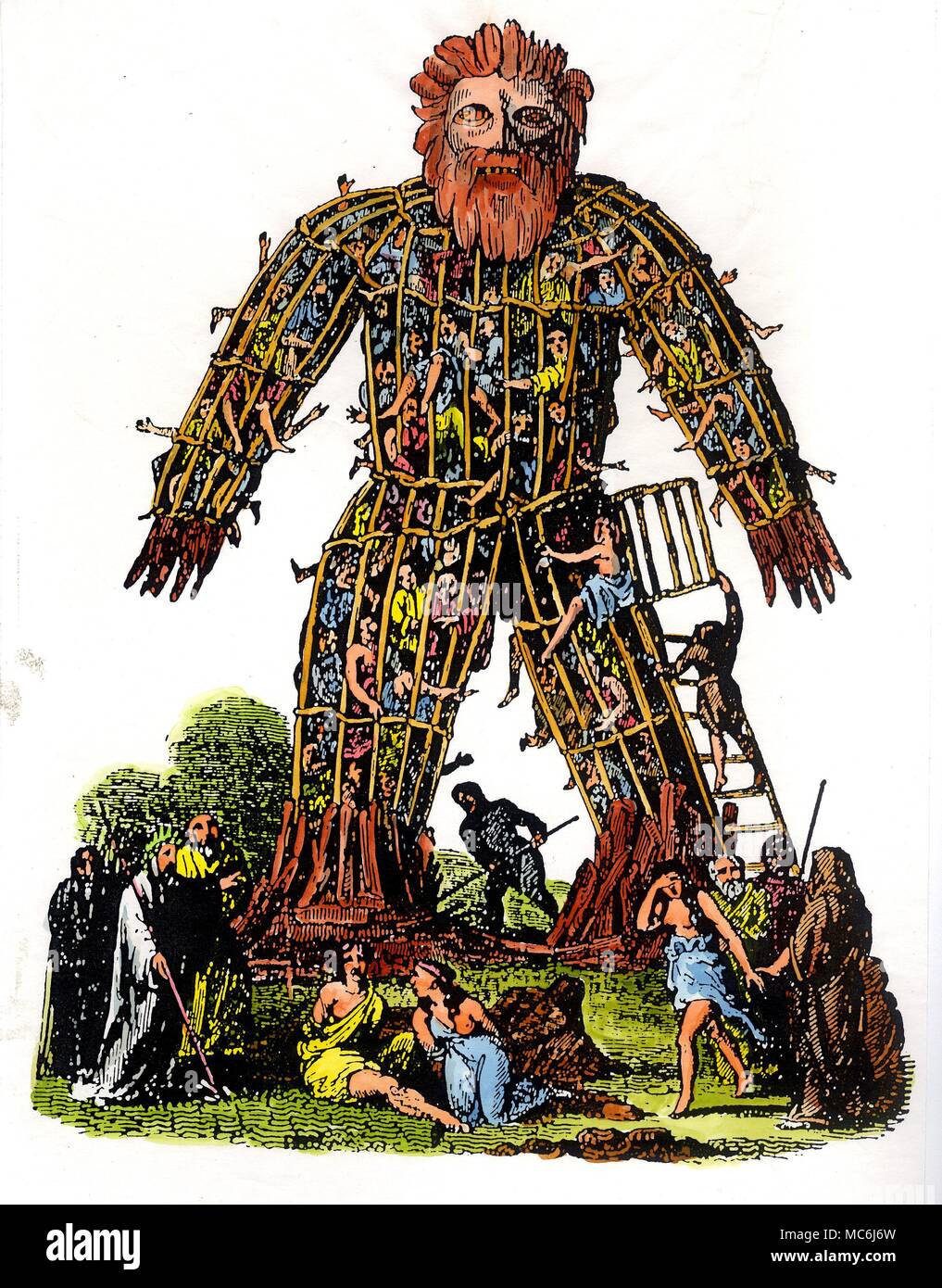 I druidi - uomo di vimini - LA TORTURA il romano storici ha scritto di un metodo di immolazione umani praticata dai Celti (cioè, i druidi). Ciò ha implicato la fabbricazione di un gigante di uomo dalla lavorazione del vimini. Le vittime erano stati imprigionati nell'uomo, e infine bruciato en masse. Non vi è alcuna indicazione che i druidi non lasciarsi coinvolgere in tale genere di tortura, ma la tradizione ha persistito, sufficientemente per un druido per essere presenti a questa fantastica scena. Colorate a mano la xilografia, basato sul incisione in Sammes Aylett, Britannia Antiqua illustrata, 1676. Foto Stock