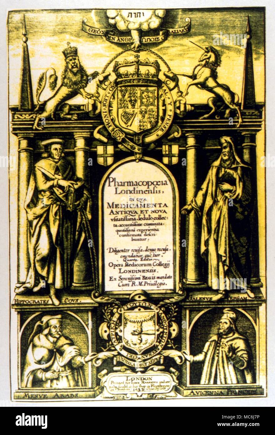 Gli occultisti - Ippocrate e Galeno ritratti dei più importanti medici, uomini di antichità, dalla titlepage del famoso 'Pharmacopoeia Londinensis' del 1632 Foto Stock