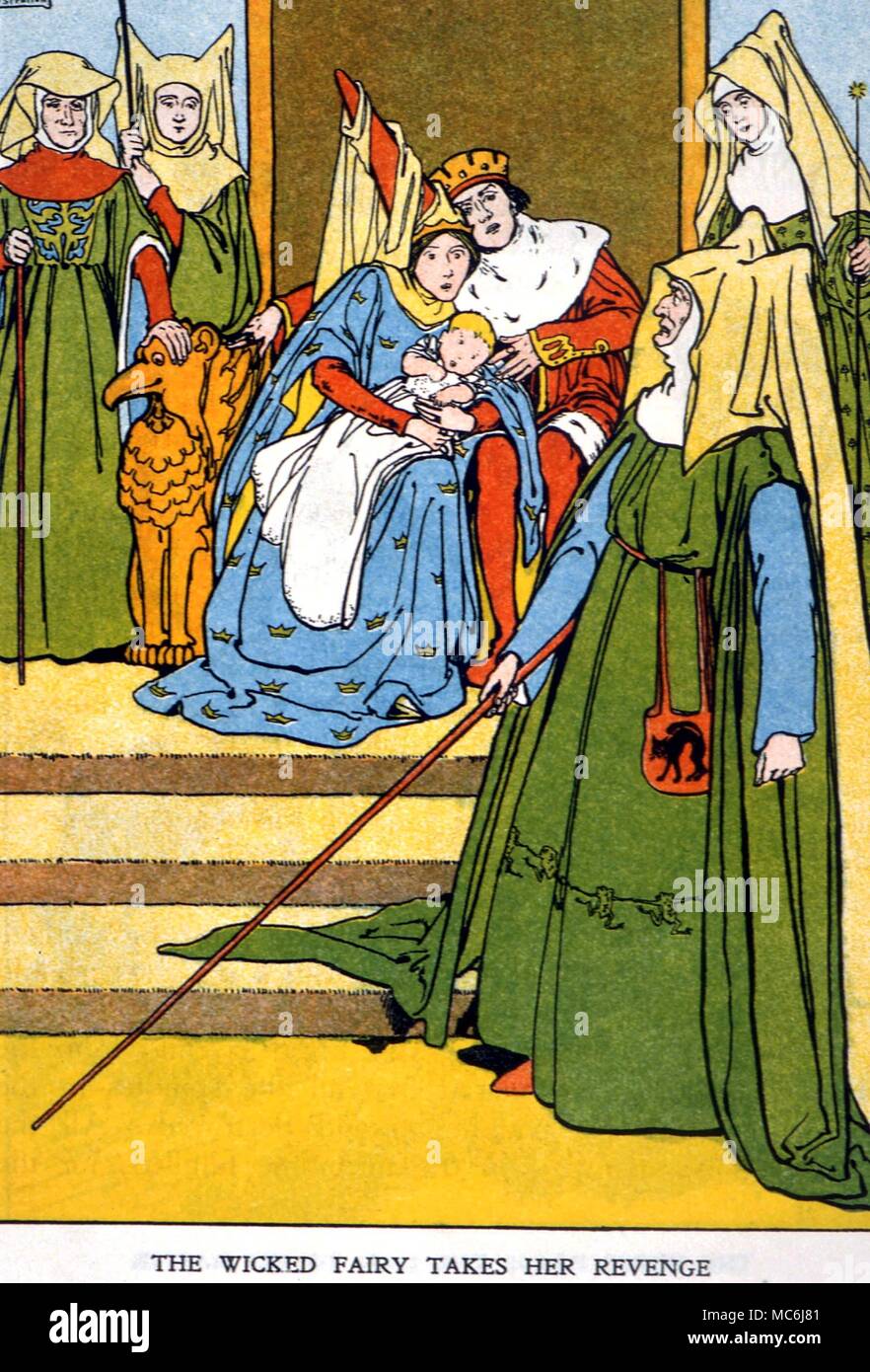 Le fiabe - ROSEBUD. La fata malvagia maledice il bambino. Da Cherryblossom e altre storie da Grimm, 1909, illustrato da Helen Stratton Foto Stock
